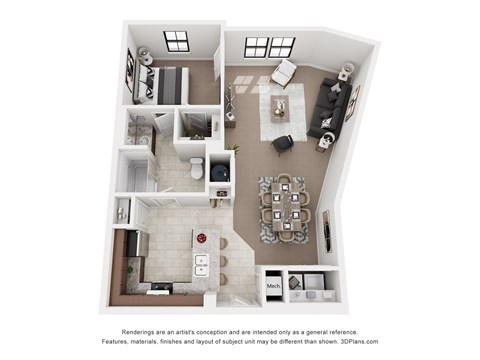 Floor plan for 1 bed, 1 bath, 813 sqft